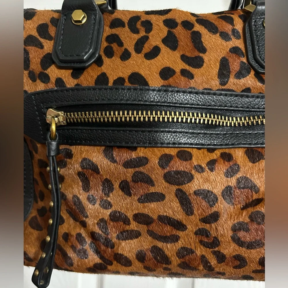 Leopard Print Satchel Handbag with Black Trim and Gold Accents